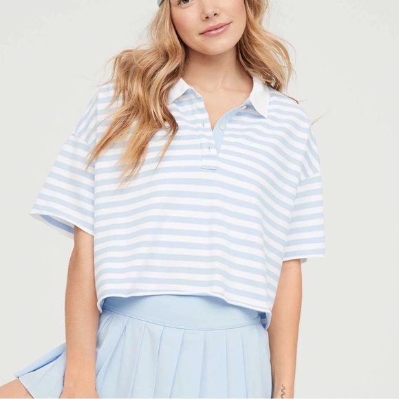 aerie Tops - Aerie Crop Star Polo Blue White Stripe Distressed Medium Oversized
